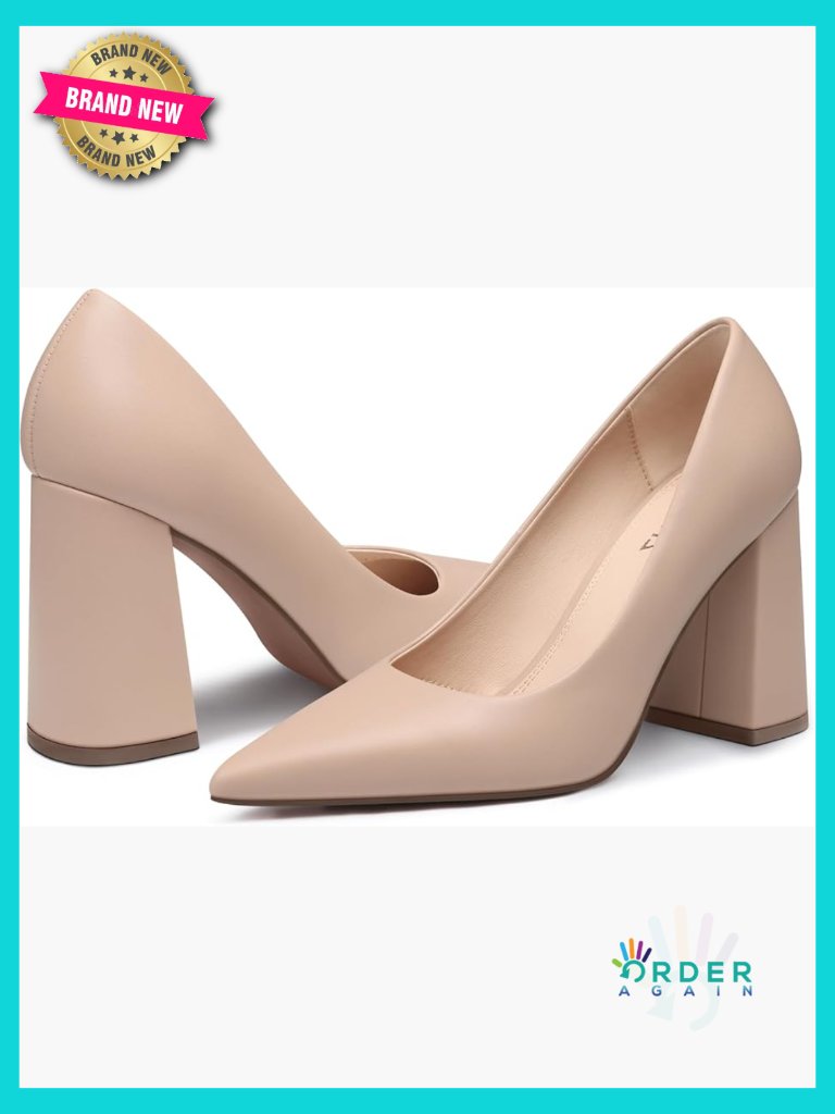 Chunky Block Heel Pumps 3.7 Inch Pointed Toe Dress Shoes Comfortable Work Party